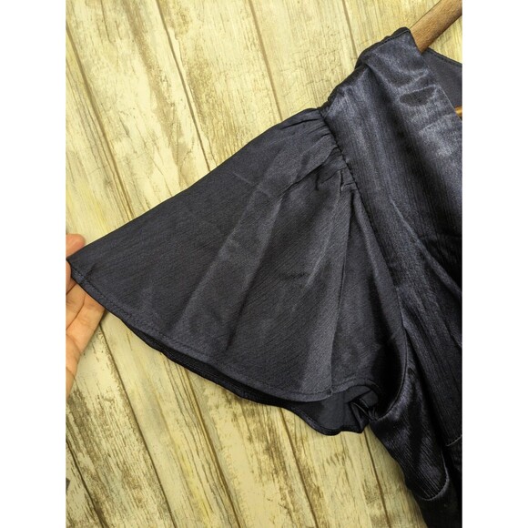 Nicole Miller Navy Blue Satin Faux Wrap High Low Midi Dress Belted Flutter Sz 10 - Picture 3 of 11